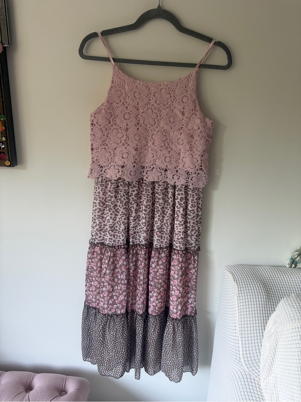 Zunie Pink Tiered Maxi Dress with Lace Bodice